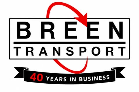 Breen Transport logo with 40 years in business banner and red curved arrows